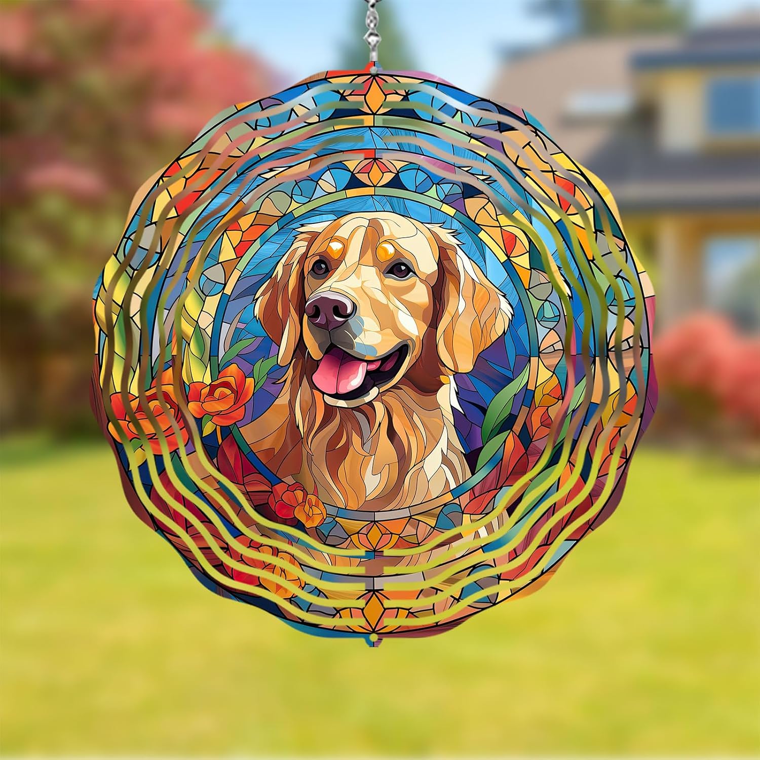 Golden Retriever Wind Spinner Pet Dog Memorial Gifts 3D Aluminum Metal Kinetic Hanging Wind Sculpture Spinners for Yard and Garden Indoor Outdoor Window Garden Decoration 8 Inch (Golden Retriever 1)