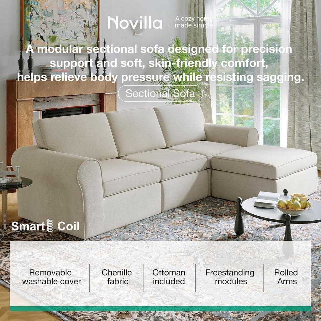 Novilla 108" Modular Sectional Sofa, Modular Sectional Couches for Living Room Bedroom, Chenille Removable Cover Cloud Couch with Smarts Coil® Support L-Shaped Couch(Beige, 3 Seater + 1 Ottoman)