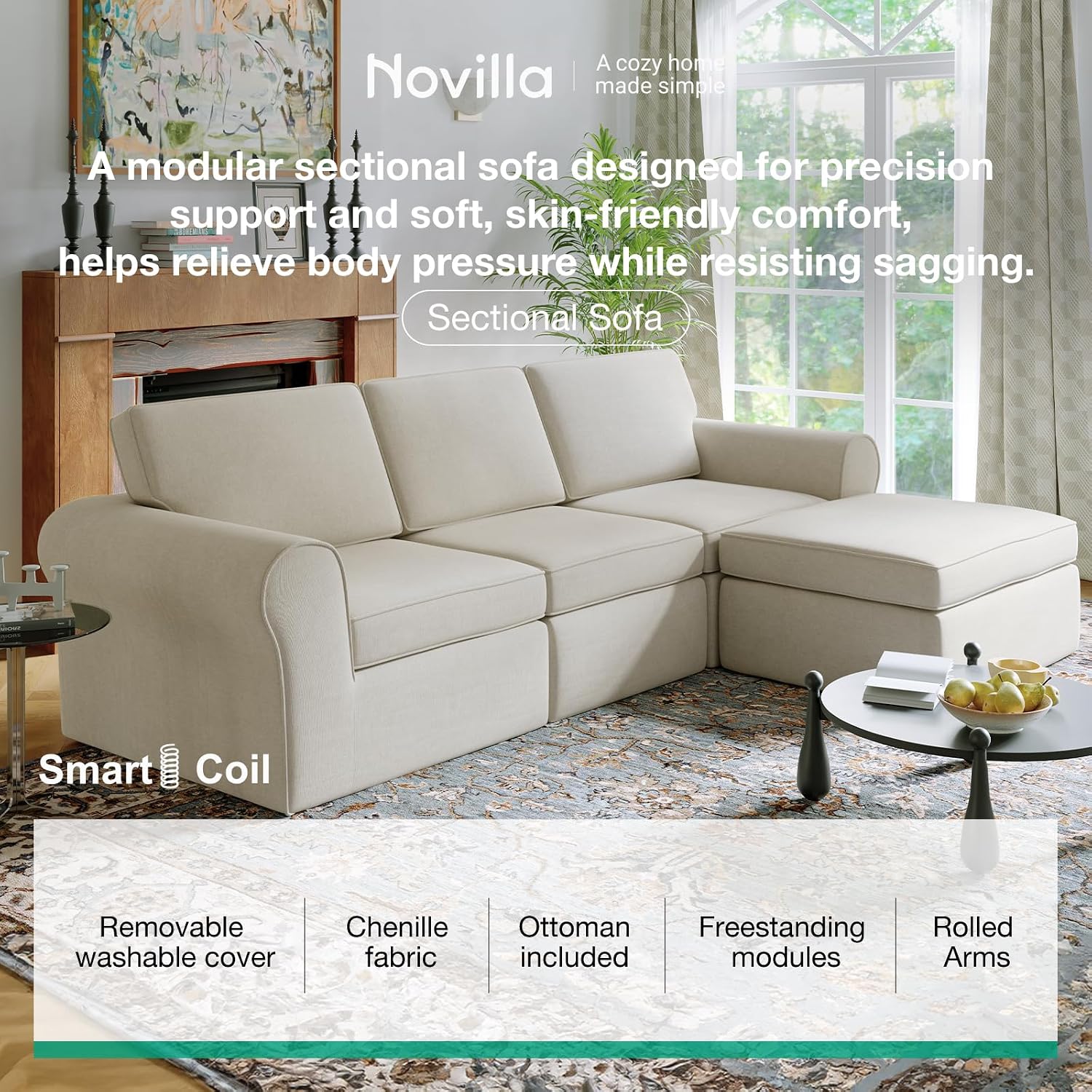 Novilla 108" Modular Sectional Sofa, Modular Sectional Couches for Living Room Bedroom, Chenille Removable Cover Cloud Couch with Smarts Coil® Support L-Shaped Couch(Beige, 3 Seater + 1 Ottoman)