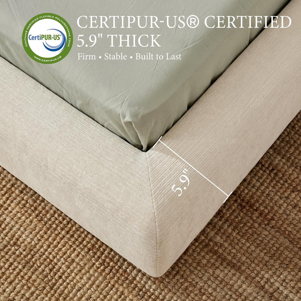 XIAO WEI Queen Cloud Bed Frame, Upholstered Platform Bed Frame with Headboard, 5.9" Thick Fully Padded Frame, Warm Ivory Ribbed Chenille Fabric, Noise-Free, No Box Spring Required, Easy Assembly