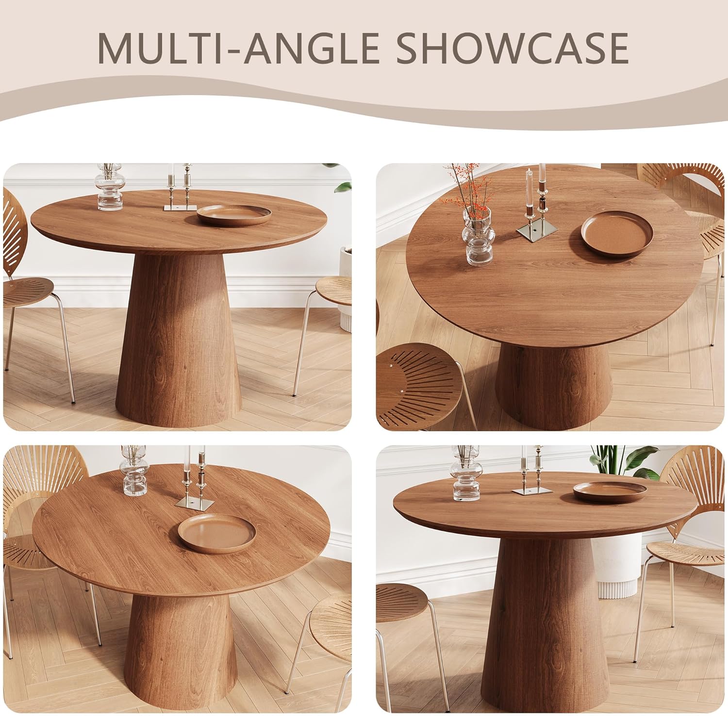 JUSTONE 43.3" Round Dining Table for 4-6,Wood Farmhouse Rustic Kitchen Table with Mid-Century Modern Pedestal Base, Natural Finish for Dining Room/Kitchen/Living Room(Walnut)