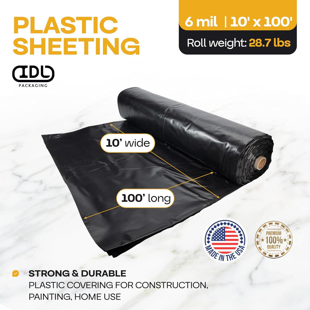 Black Construction Plastic Sheeting 6 mil, 10' x 100' (1000 sq. ft.) - Heavy Duty Plastic Cover for Construction & Painting - LDPE Film Roll - Heavy Duty Plastic Sheeting Roll by IDL Packaging