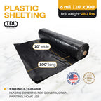 Black Construction Plastic Sheeting 6 mil, 10' x 100' (1000 sq. ft.) - Heavy Duty Plastic Cover for Construction & Painting - LDPE Film Roll - Heavy Duty Plastic Sheeting Roll by IDL Packaging
