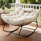 Outdoor Rocking Chair, Oversized Papasan Rocker w/Thick Cushion & Pillow, Indoor Wicker Egg Chairs for Patio Porch Balcony Deck Garden Poolside, Beige