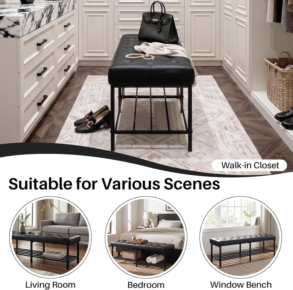SOFTHION 55.5" End of Bed Bench, Faux Leather Entryway Bench, Black | Modern Leather Button Tufted Bedroom Bench, Upholstered Storage Shoe Bench with Metal Base for Living Room, Bedroom, Entryway