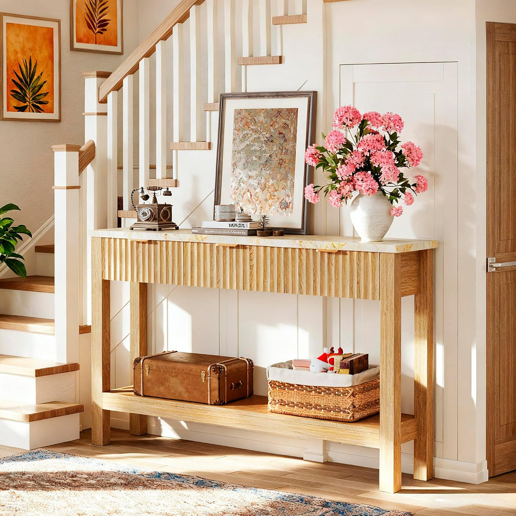 HUAHUU 47.2" Fluted Console Table with 3 Drawers, Long Sofa Table with Storage Behind Couch, Modern Entryway Table with Power Outlet & Open Storage for Entrance/Hallway/Foyer/Living Room, Oak