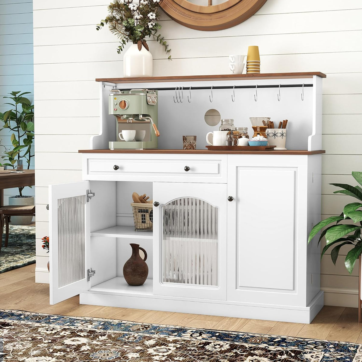 Kitchen Pantry Cabinet with Drawer Storage, 48” Modern Farmhosue Kitchen Hutch with Glass Doors, White Storage Cabinet with Countertop and Adjustable Shelves for Dining Room, Living Room