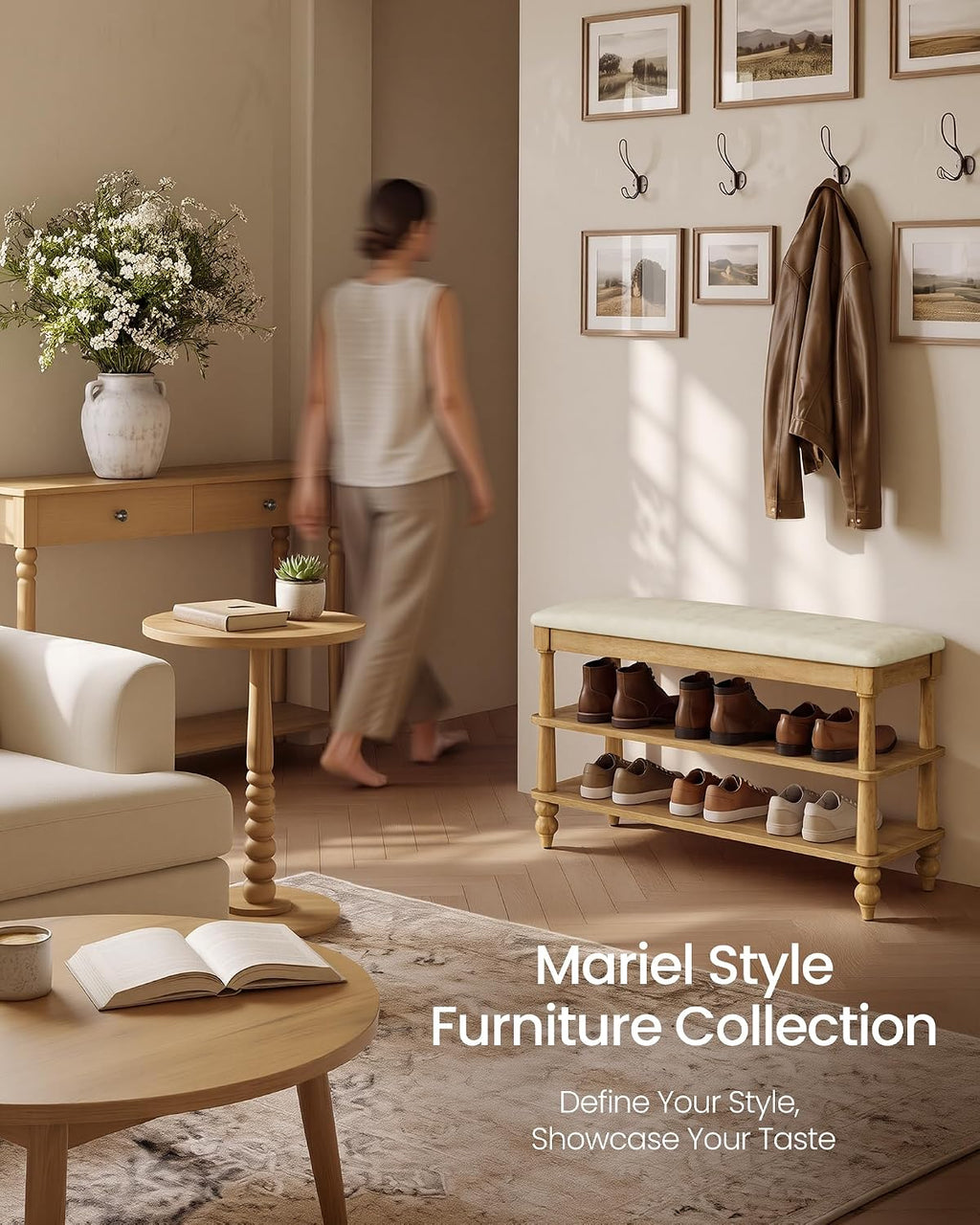 VASAGLE Mariel Collection - Shoe Bench, Wooden Entryway Bench with Padded Seat, 2-Tier Shoe Storage Rack, 31.5 x 11.6 x 19.7 inches, for Entryway and Bedroom, Natural Brown ULSB180K101S