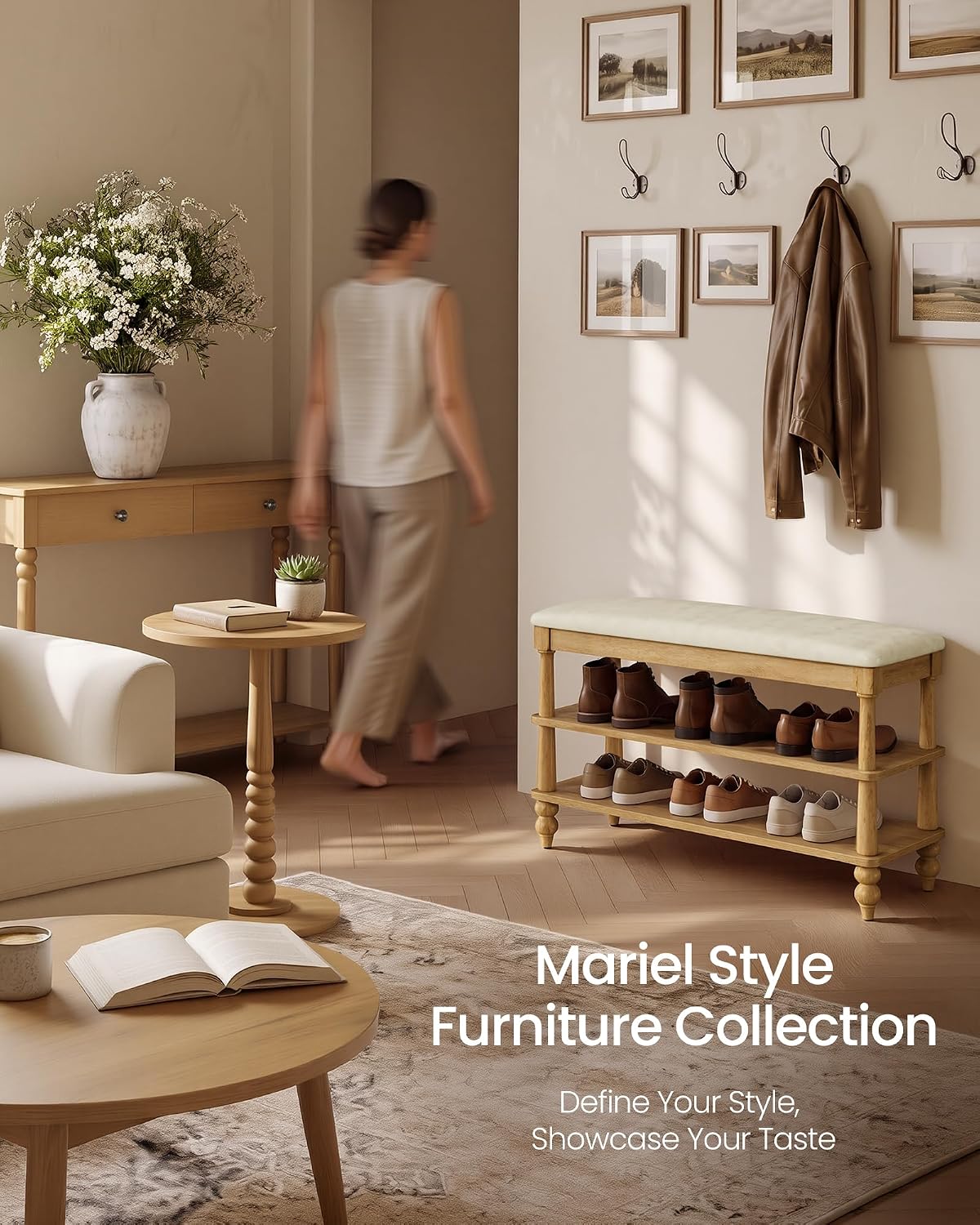 VASAGLE Mariel Collection - Shoe Bench, Wooden Entryway Bench with Padded Seat, 2-Tier Shoe Storage Rack, 31.5 x 11.6 x 19.7 inches, for Entryway and Bedroom, Natural Brown ULSB180K101S