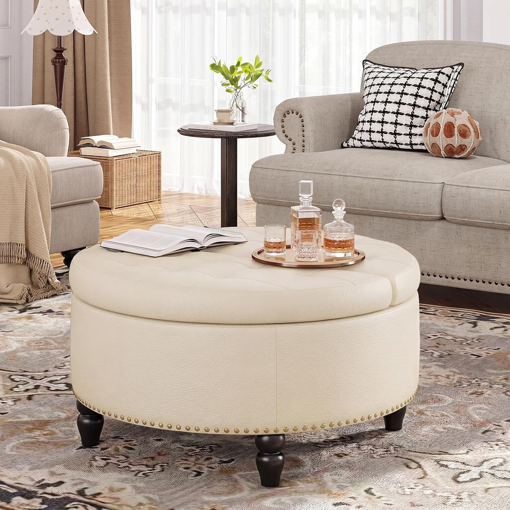 FiveWillowise 31.5" Large Round Ottoman with Storage Circular,Cream White | Leather Coffee Table with Lift Top,Modern Upholstered Button Tufted Footrest Stool Solid Wood Legs for Living Room,Bedroom