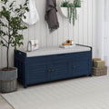 Storage Bench with 3 Shutter-Shaped Doors, Wood Shoe Bench with Removable Cushion and Hidden Storage Space for Entryway, Living Room, Hallway 43.5" L*16" W*18" H Antique Navy