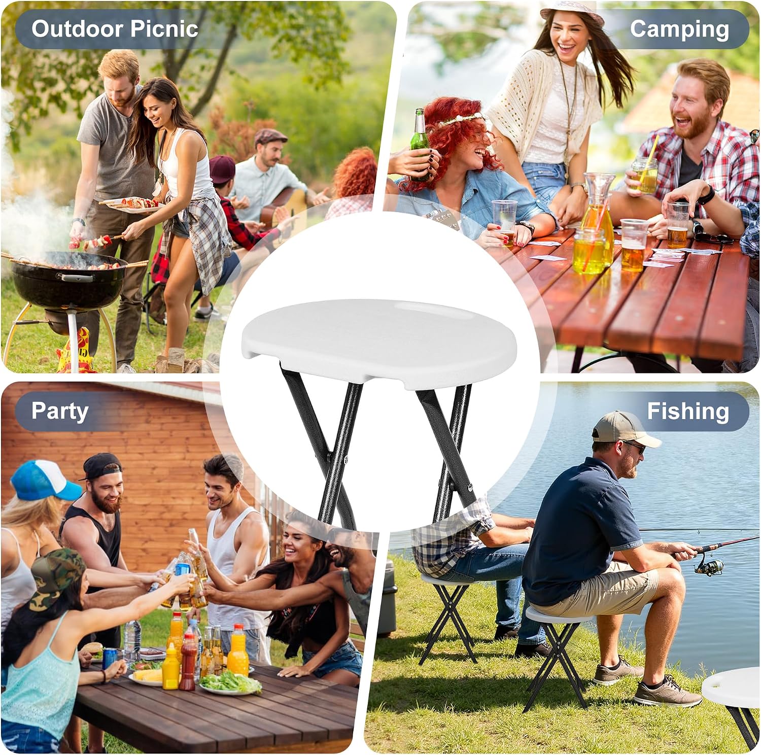 VECELO Folding Stool 18" with Handle, Solid Bottom Support, Iron X-Frame, 500 lbs Capacity, Anti-Slip Feet, Easy Clean, Lightweight Foldable Stool for Camping, Kitchen, Vanity and Outdoor, White