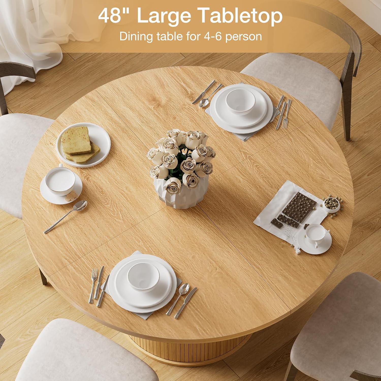 HOMMPA 48'' Round Dining Table for 4-6 Kitchen Table Circle Dinner Table with Wood Strip Base for Kitchen Dining Living Room Natural