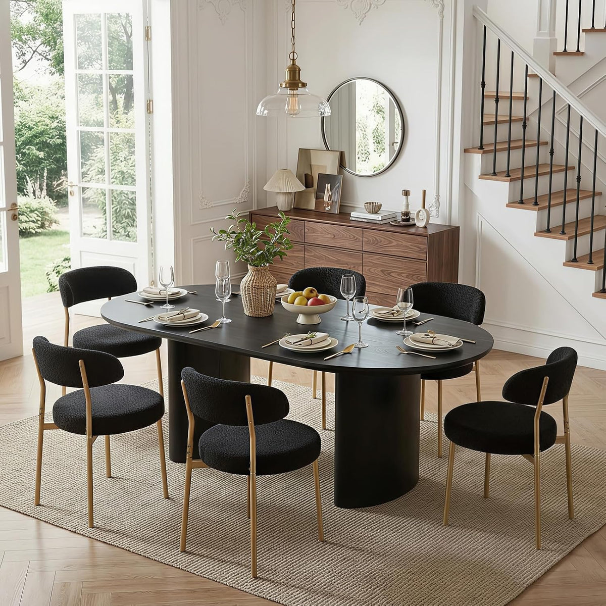 Black Boucle Dining Chair Set of 4, Modern Oval Upholstered Dining Chairs with Curved Back and Metal Leg for Dining Room,Restaurant,Kitchen Island(Gold Leg)