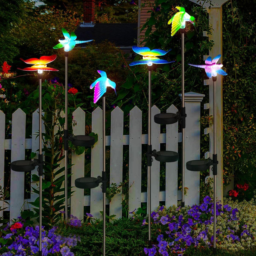 EiGreen 6 Pack Solar Garden Stake Lights Outdoor, Yard Figurine Stake Light, Flower Hummingbird Dragonfly Butterfly for Patio Yard Pathway Decoration (Garden)