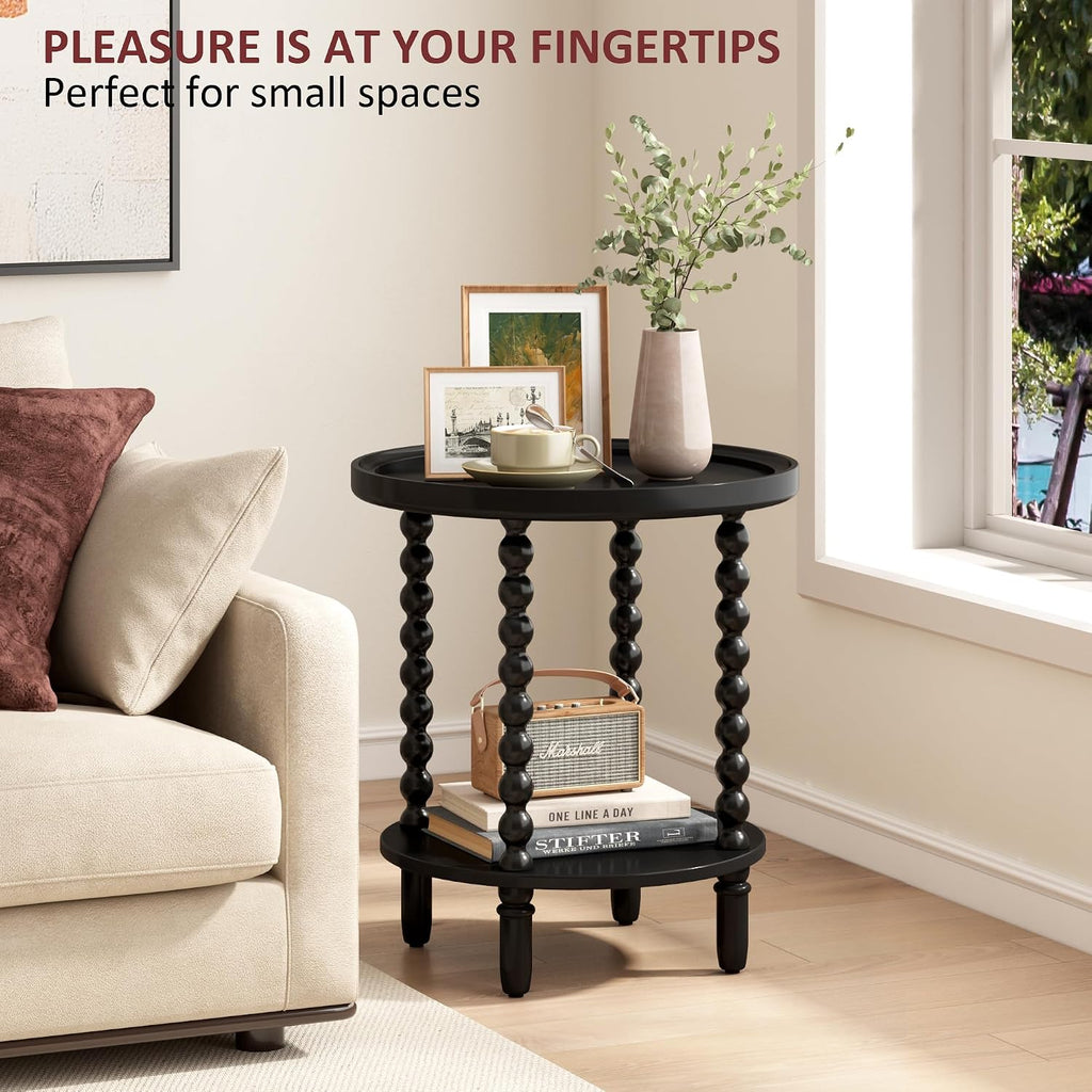 Gadroad Round End Table with Storage Shelf, Black 19.3 * 19.3 * 25.6 inches | 2 Tier Couch Side Table, Wood Coffee Table for Living Room, Bedroom