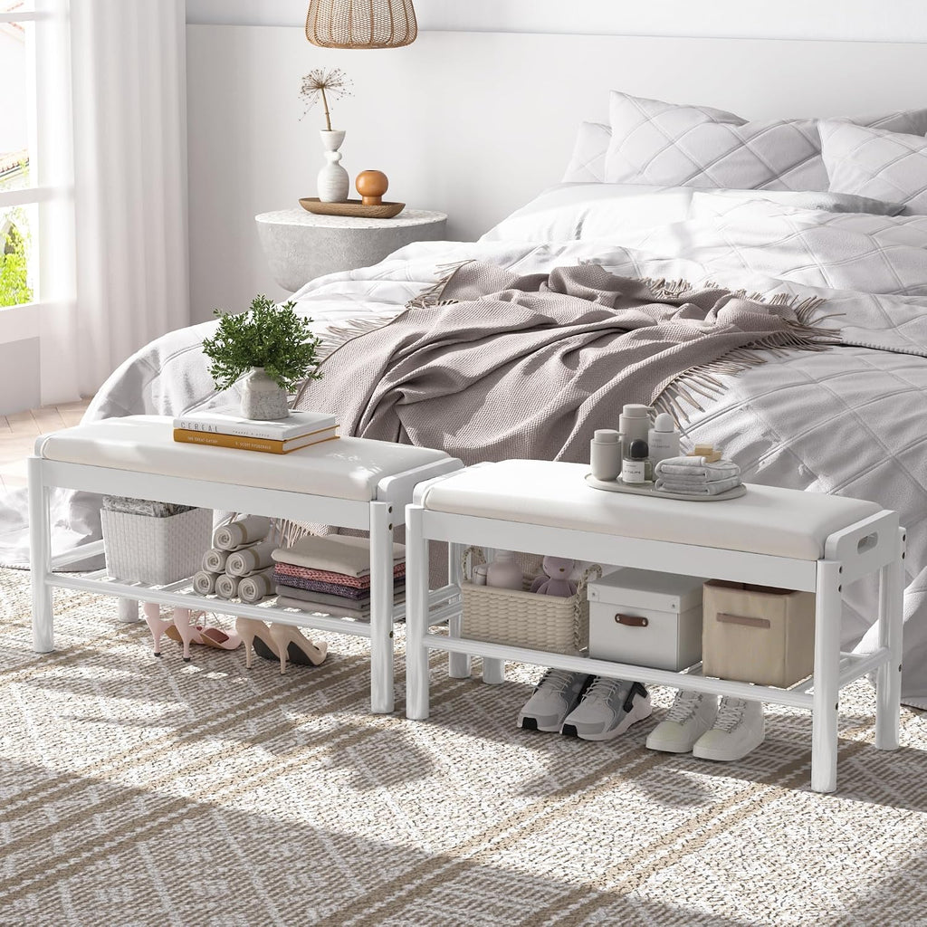 Shoe Storage Bench with Cushion - 2 Tier Shoe Rack for Front Door Entrance, Wood Shoes Rack, Entryway Bench with Shoes Storage for Closet,Hallway,Bedroom&Living Room(White, 31.5" W)