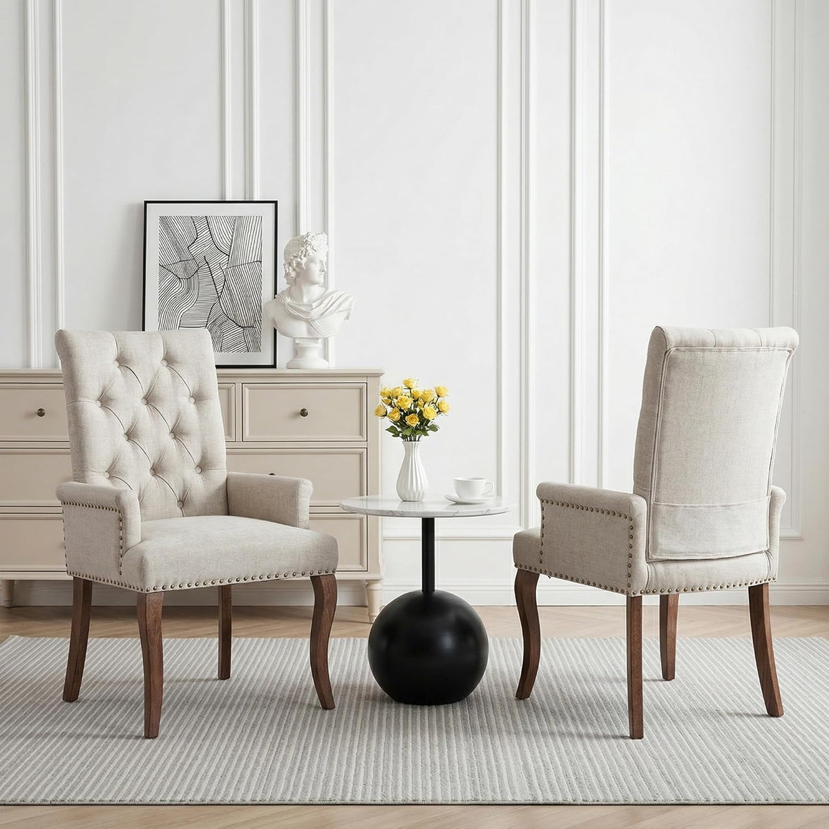 Farmhouse Upholstered Dining Chair Set of 2 with Arms & Nailhead Trim, Tufted Chenille Kitchen Chairs with Solid Wood Legs, Accent Chair for Dining Room, Living Room & Bedroom, Beige