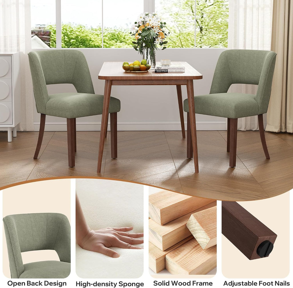 Dining Chairs Set of 6,Modern Dining Room Chairs with Thick Cushions,Linen Upholstered Kitchen Dining Chairs with Wood Legs for Kitchen Dining Room Living Room,Green