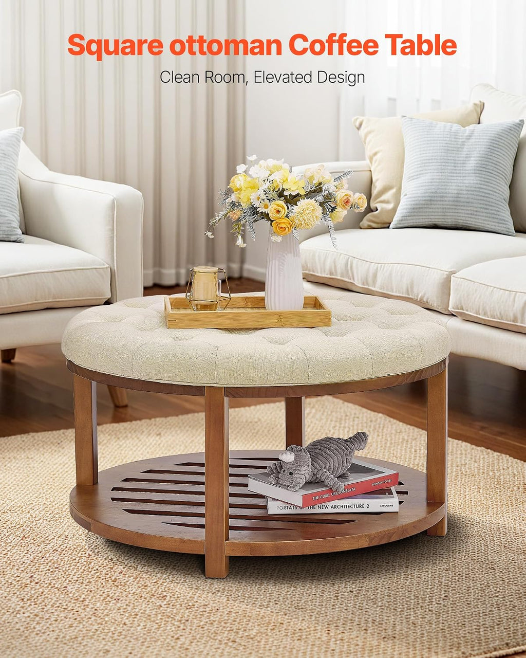 VEVOR Large Round Ottoman Coffee Table, 31.9 Inch Tufted Coffee Table with Solid Wood Shelf Storage, Linen Solid Upholstered Footrest Ottoman for Bedroom Living Room, 350 LBS, Linen Color