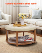 VEVOR Large Round Ottoman Coffee Table, 31.9 Inch Tufted Coffee Table with Solid Wood Shelf Storage, Linen Solid Upholstered Footrest Ottoman for Bedroom Living Room, 350 LBS, Linen Color
