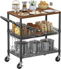 NTE Rolling Kitchen Carts on Wheels, 650Lbs Capacity 3 Tier Utility Cart with Wood Tabletop, Kitchen Storage Cart with 8 Hooks, Metal Serving Cart with Handle and Shelf Liners for Kitchen, Black