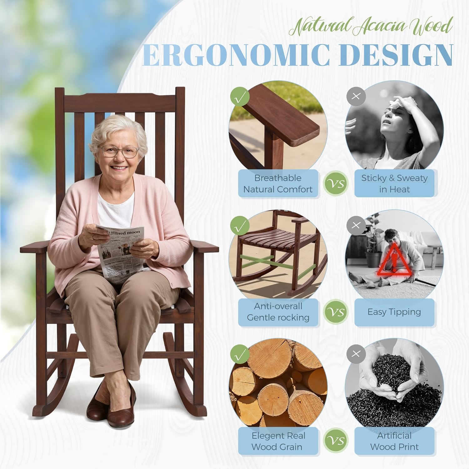 Flamaker Acacia Wood Outdoor Rocking Chairs Set of 2 (Brown) | High Back and Widen Armrest Rocking Chair Outdoor, Solid Rocking Chairs for Lawn, Garden, Backyard