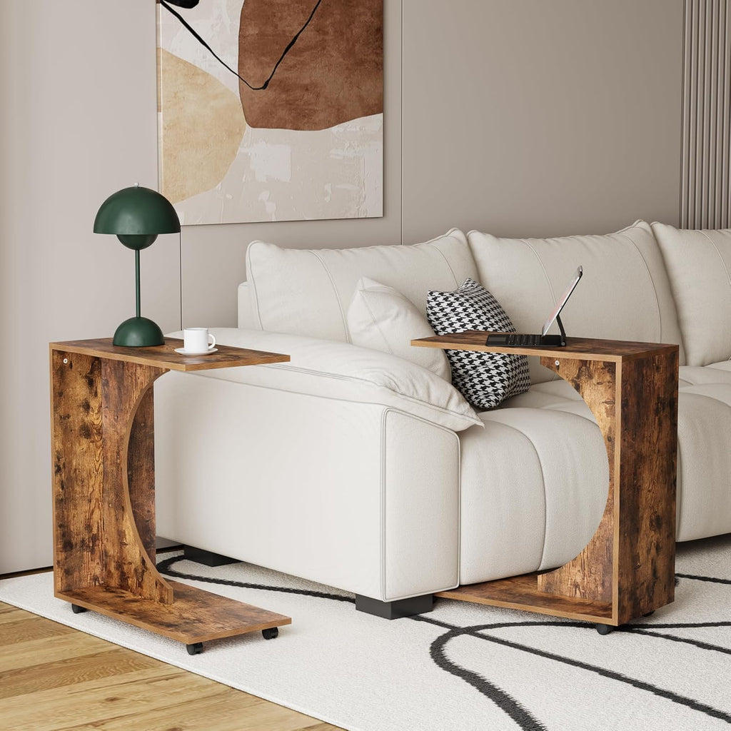 C Table end Table,Rolling Side Table with Wheels,Couch Tables That Slide Under，C Shaped Sofa Tray for Living Room, Bedroom,Chair, 2 PCS