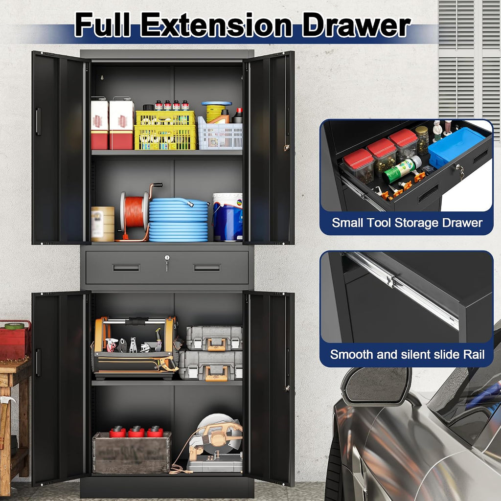 BESFUR Metal Storage Cabinet with a Drawer 4 Doors and 2 Adjustable Shelves Garage Storage Cabinet with Lock 71" Office Storage Cabinets Locking Cabinets for Garage Office Shop Home (Black)