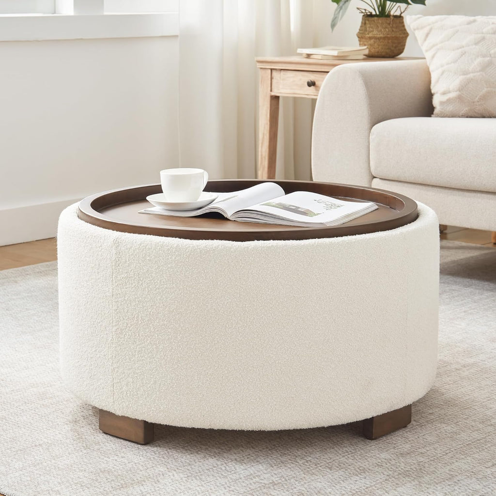 Zihanhome 30 Inch Round Storage Ottoman, Ottoman Coffee Table with Lift Off Lid, Boucle Modern Ottomans with Storage for Living Room, Bedroom, Apartments (Beige)