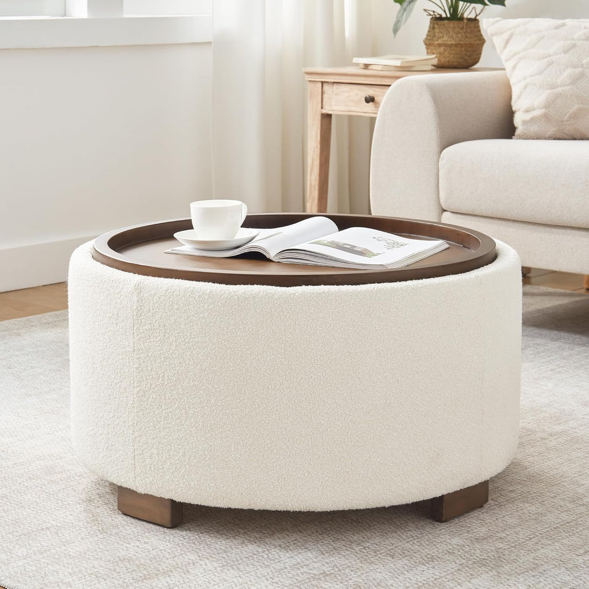 Zihanhome 30 Inch Round Storage Ottoman, Ottoman Coffee Table with Lift Off Lid, Boucle Modern Ottomans with Storage for Living Room, Bedroom, Apartments (Beige)
