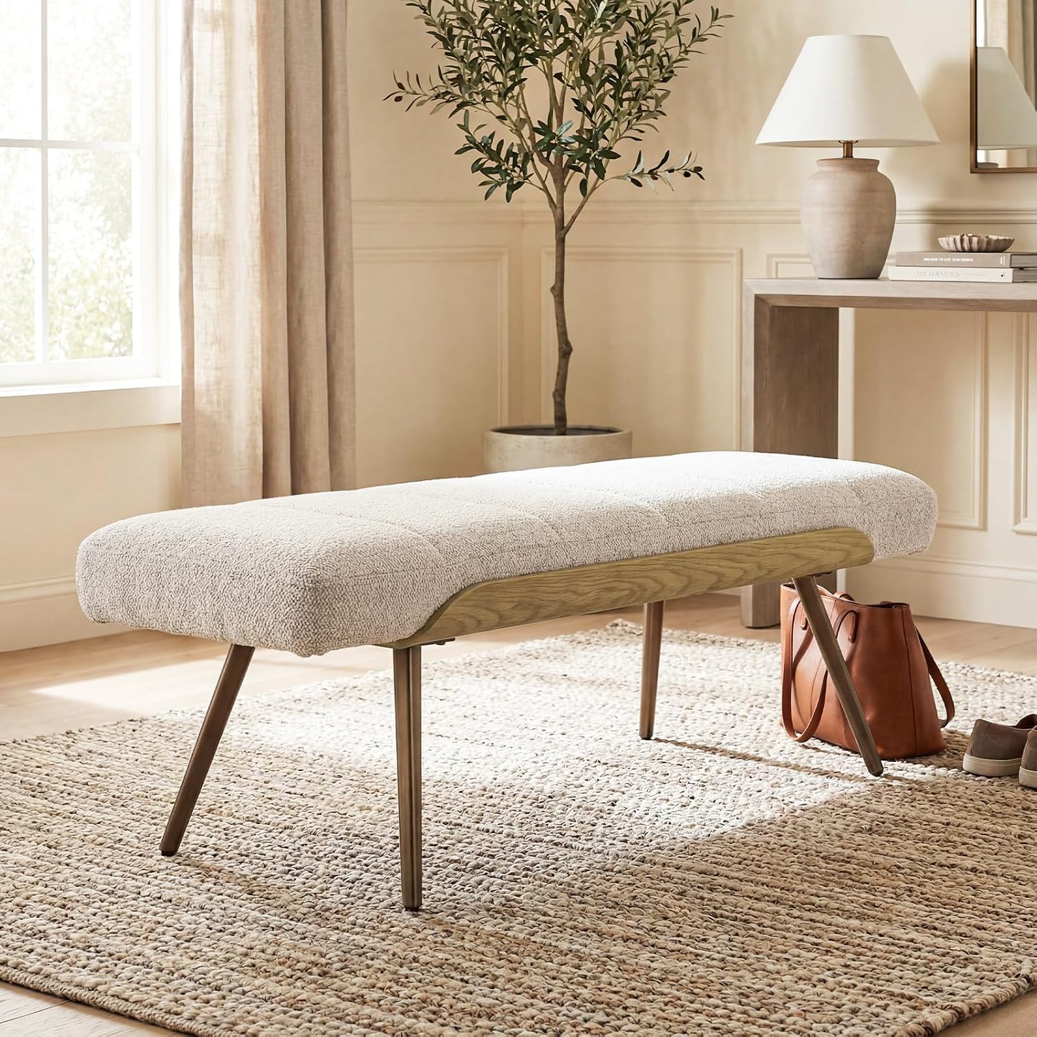 CIMOTA Mid-Century Modern Upholstered Bench, Upholstered Boucle Ottoman Bench with Solid Wood Trim and Bronze Metal Legs, 49.5" Accent Bench for Bedroom, Entryway, Living Room, End of Bed, Beige