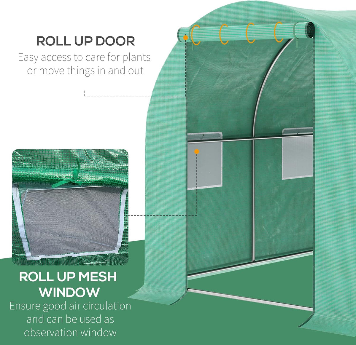 Outsunny 15' x 7' x 6.5' Walk-in Tunnel Hoop Greenhouse, Green House for Outside with PE Cover, Steel Frame, Roll-Up Zipper Door & Windows for Flowers, Vegetables, Tropical Plants, Green