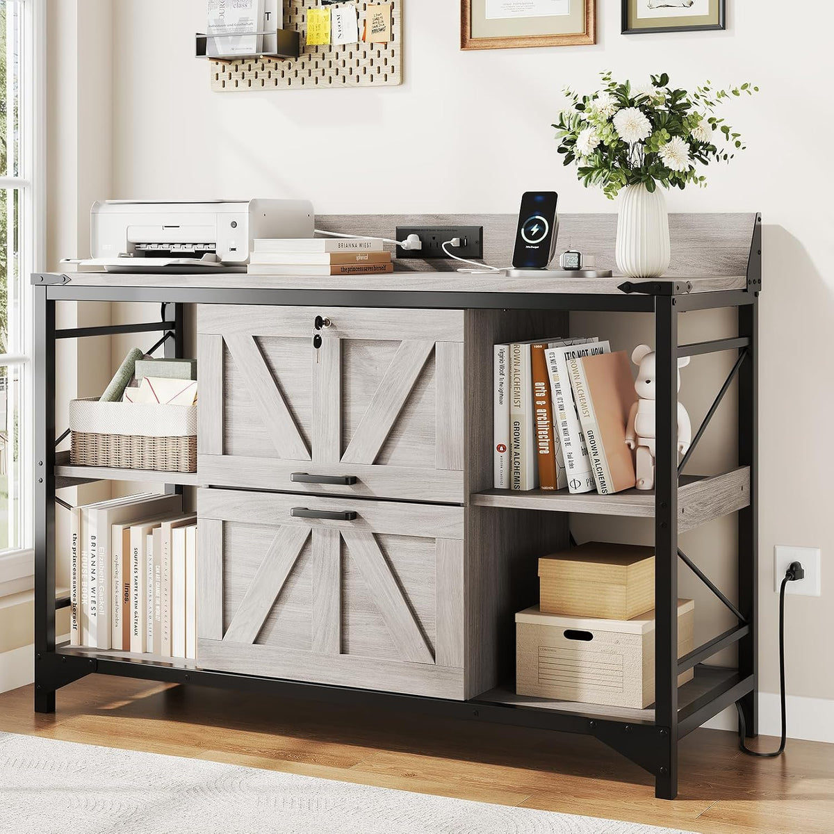44" File Cabinet, Lateral Filing Cabinet for Home Office with 2 Drawers, Office Storage Cabinet with Lock and Key, Wooden Printer Stand with 4 Storage Shelves and Power Outlets, Office Furniture, Grey