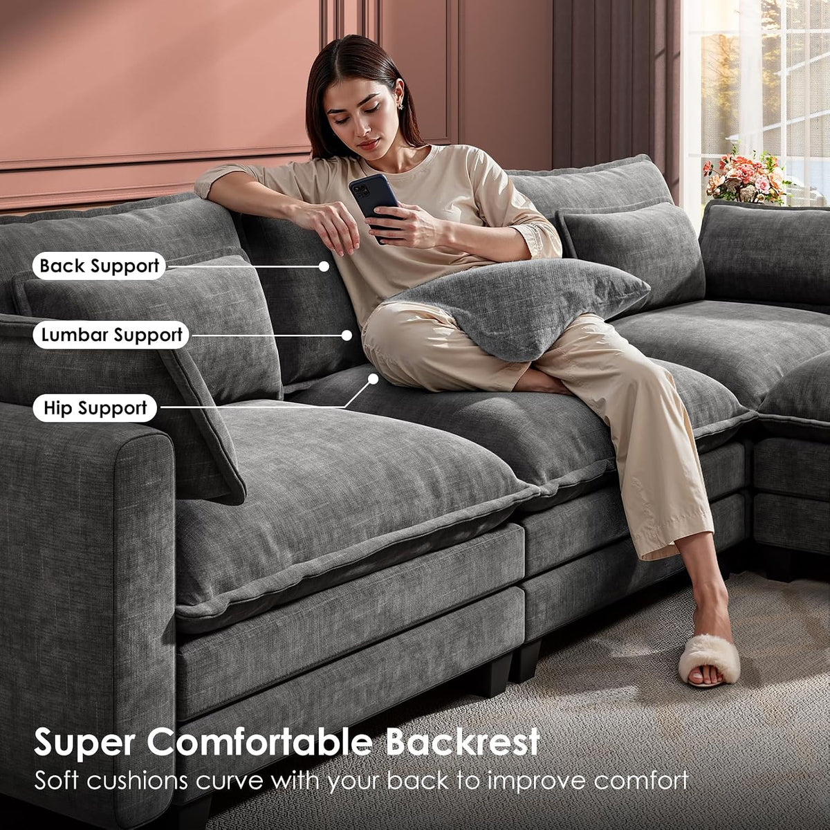 Marsail 110.6" Modular Sectional Sofa, 5-Seat Chenille Couch with Deep Seat, Ottoman & Throw Pillows, U-Shaped Couch for Living Room, Grey