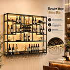 71in LED Wall Mounted Wine Rack with Stemware Holder and Wood Shelves | Combines warm LED lighting, 176 lb capacity and spacious bottle storage to create a practical, organized home bar display