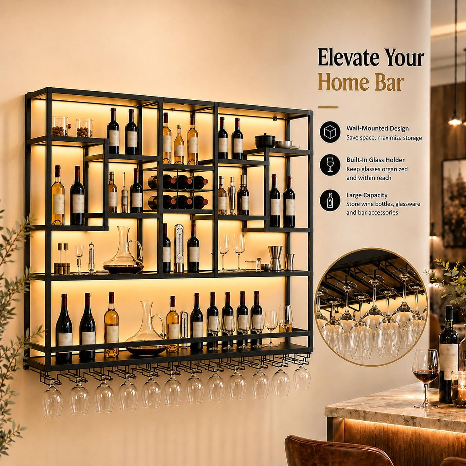 71in LED Wall Mounted Wine Rack with Stemware Holder and Wood Shelves | Combines warm LED lighting, 176 lb capacity and spacious bottle storage to create a practical, organized home bar display