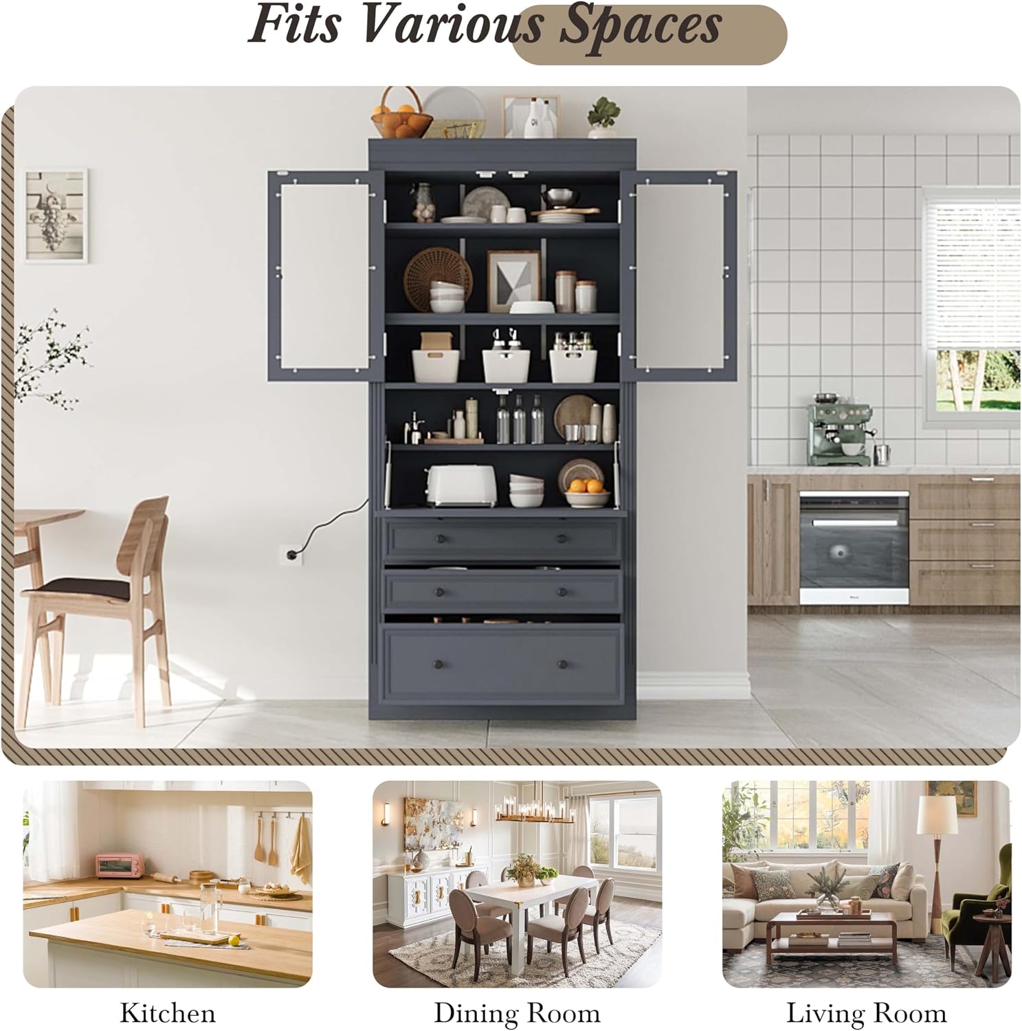 78” Kitchen Cabinet Pantry with 3 Drawers, Food Storage Cabinet with Power Outlet & Shelves, Food Pantry for Kitchen Dining Room, Easy Assembly (Grey)