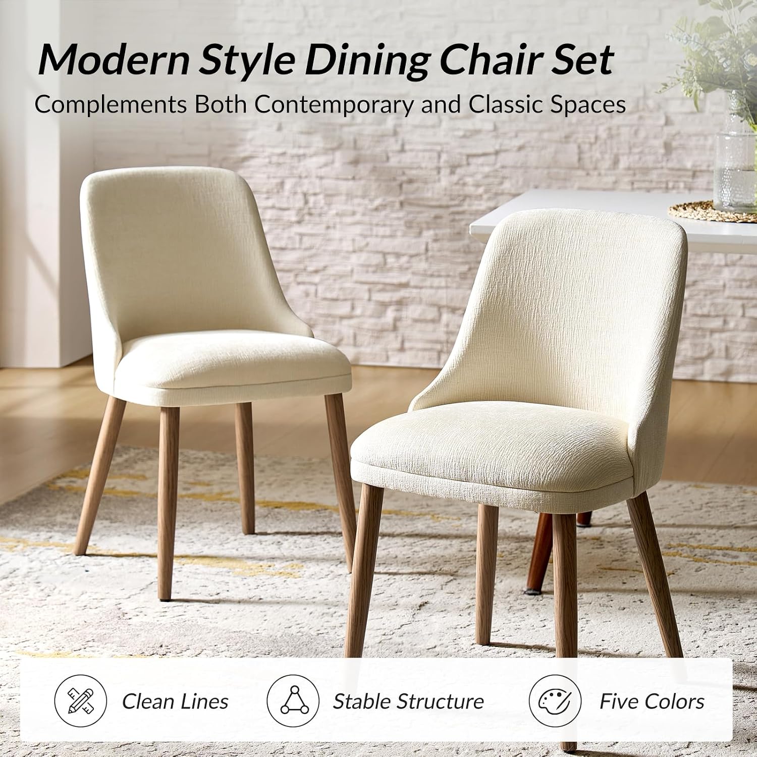 HULALA HOME Dining Chairs Set of 2, Ivory Fabric Upholstered Dining Room Chairs Set with Solid Wood Legs, Paded Back, Modern Kitchen Accent Chairs for Living Room Bedroom Reception