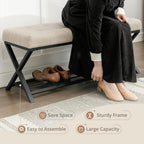 LUE BONA 44.5” End of Bed Bench with Shelf, Linen Tufted Upholstered Storage Shoe Bench, Modern Bedroom Bench with Metal Legs for Living Room, Entryway, Dining Room, 300 LB, Linen Color