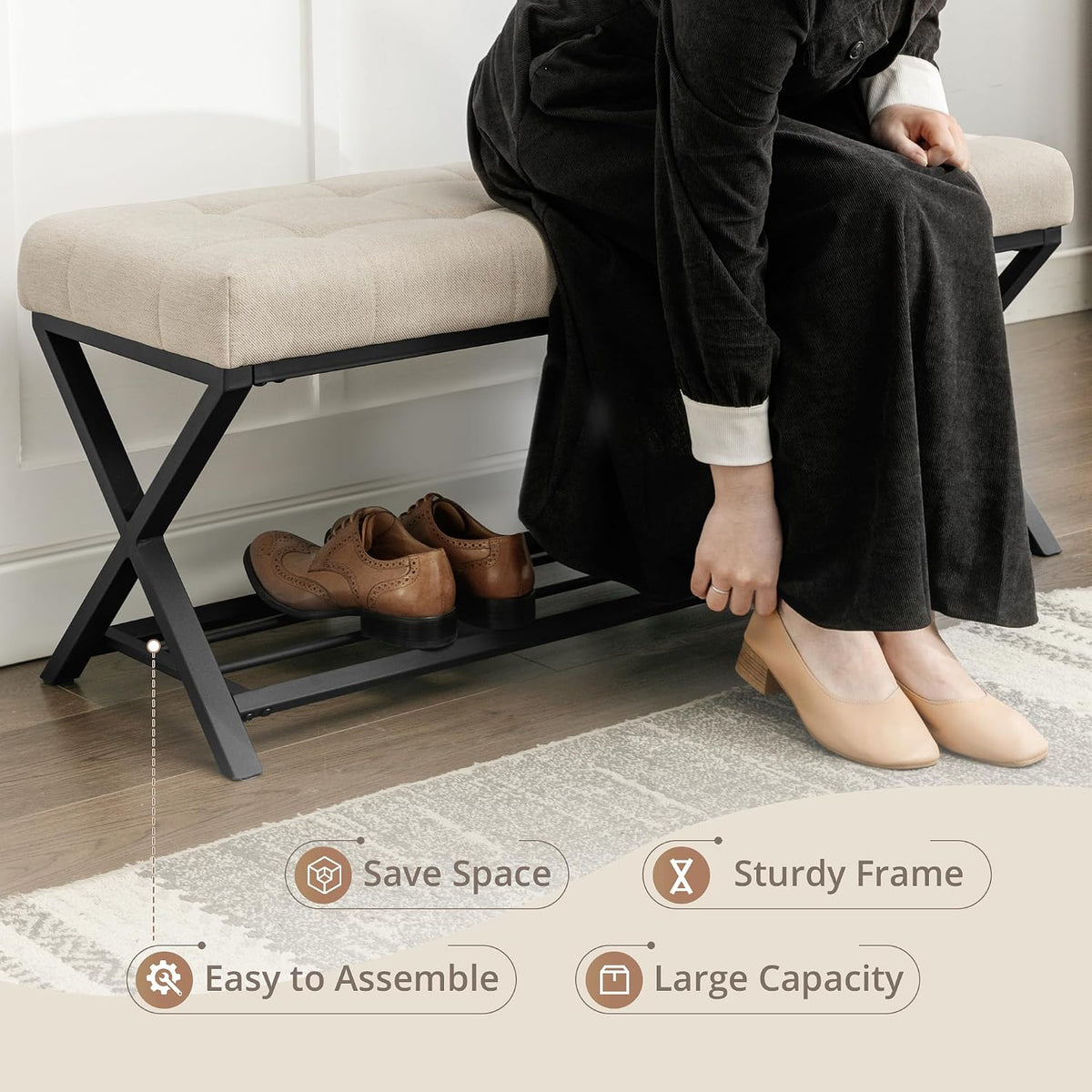 LUE BONA 44.5” End of Bed Bench with Shelf, Linen Tufted Upholstered Storage Shoe Bench, Modern Bedroom Bench with Metal Legs for Living Room, Entryway, Dining Room, 300 LB, Linen Color