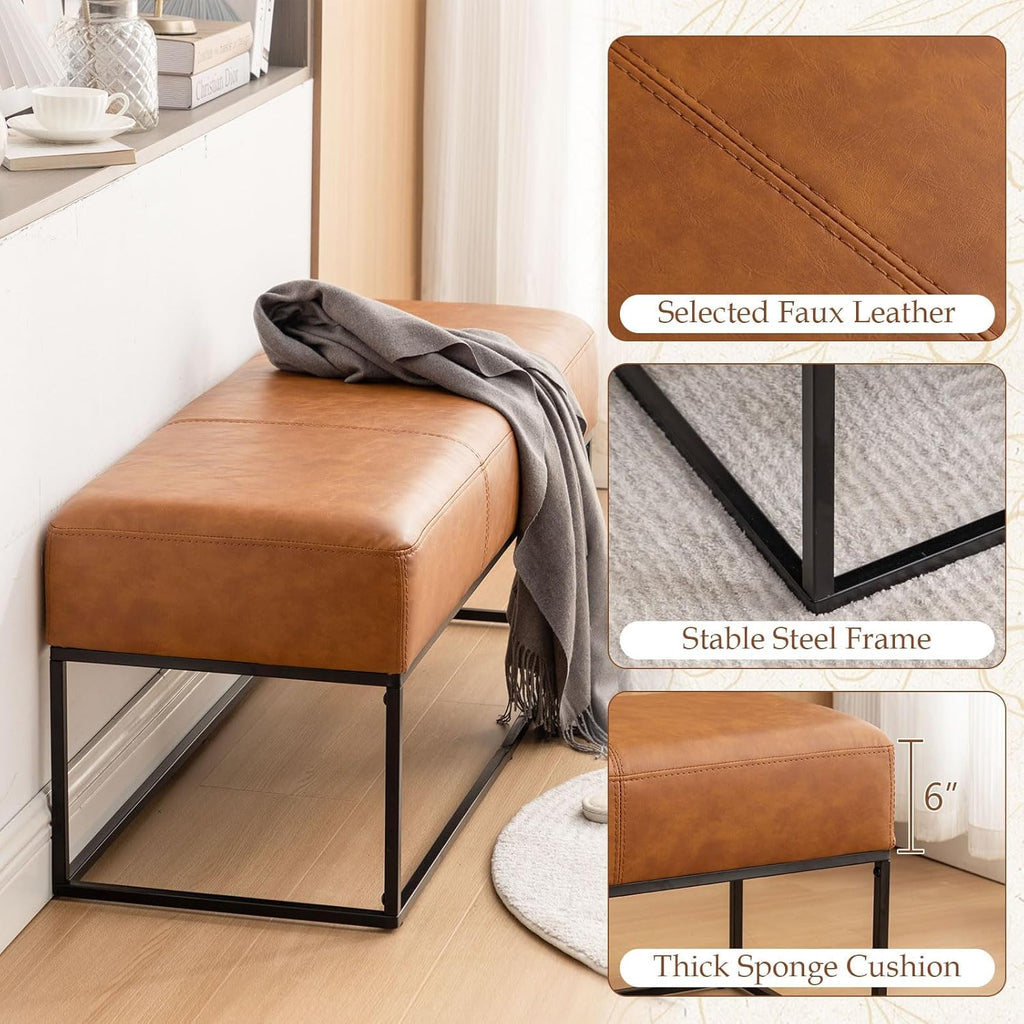 Leather Entryway Bench, Modern Long Faux Leather Ottoman Bench Seat with Metal Frame, 47'' Upholstered Bedroom Bench for Living Room Entryway Window, Vintage Brown