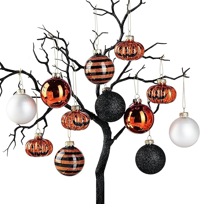 Halloween Tree Ornament Decorations Indoor, 12-Pack Pumpkin Decorative Hanging Ball Ornaments Set for Halloween Christmas Tree, Holiday Party Indoor Home Decor