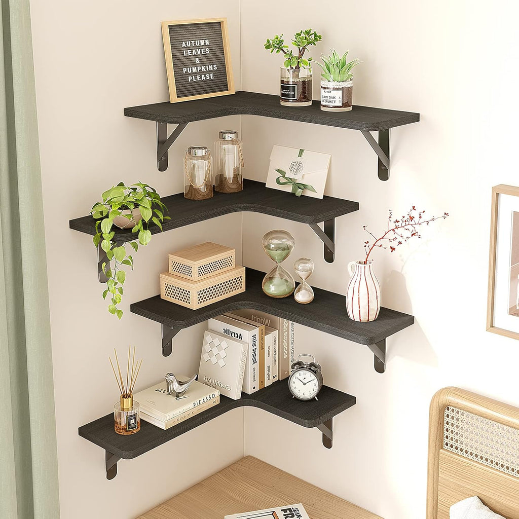 Fixwal Corner Shelves Wall Mounted Set of 5, Floating Shelves for Wall Bathroom, Kitchen, Bedroom, Home Decor, Laundry Room, Living Room (Black)