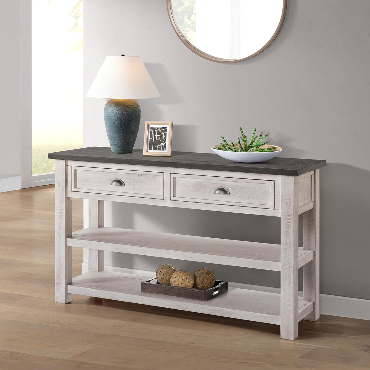 Martin Svensson Home Monterey Solid Wood Sofa Console Table, White & Grey | Farmhouse Style, Pine Wood, Two Drawers, Two Open Shelves for Storage