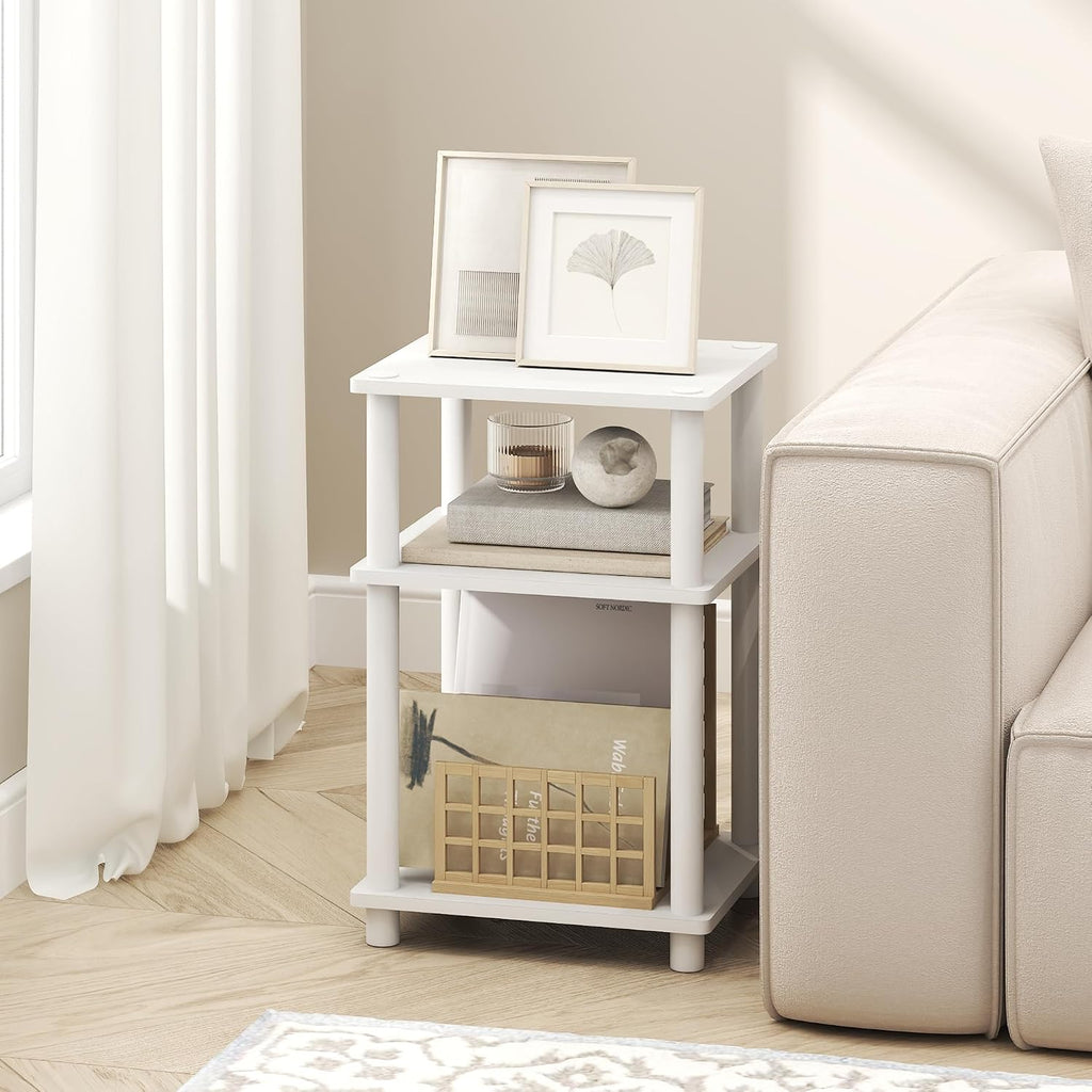 Furinno Turn-N-Tube 3-Tier Toolless Side Table, Narrow Printer Stand with Open Shelf, End Table, Night Stand, for Living Room, Bedroom, White