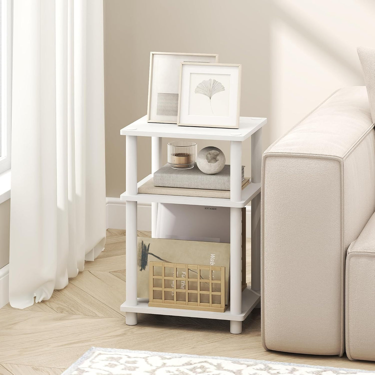Furinno Turn-N-Tube 3-Tier Toolless Side Table, Narrow Printer Stand with Open Shelf, End Table, Night Stand, for Living Room, Bedroom, White