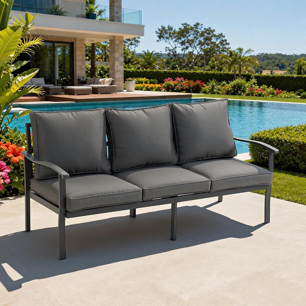 Outdoor Patio Furniture Set, 1 PCS 3-Seat, All-Weather Metal Modern Outside Sofa with Washable Thick Cushion for Garden/Backyard/Porch, Grey