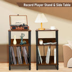DGSANDGO Mid-Century Now Playing Vinyl Record Stand, Record Player Stand, End Table with Charging Station, 3 Tier Rustic Brown w/Guard Rails, Holds 100 Vinyl Albums, for Living Room Bedroom Office