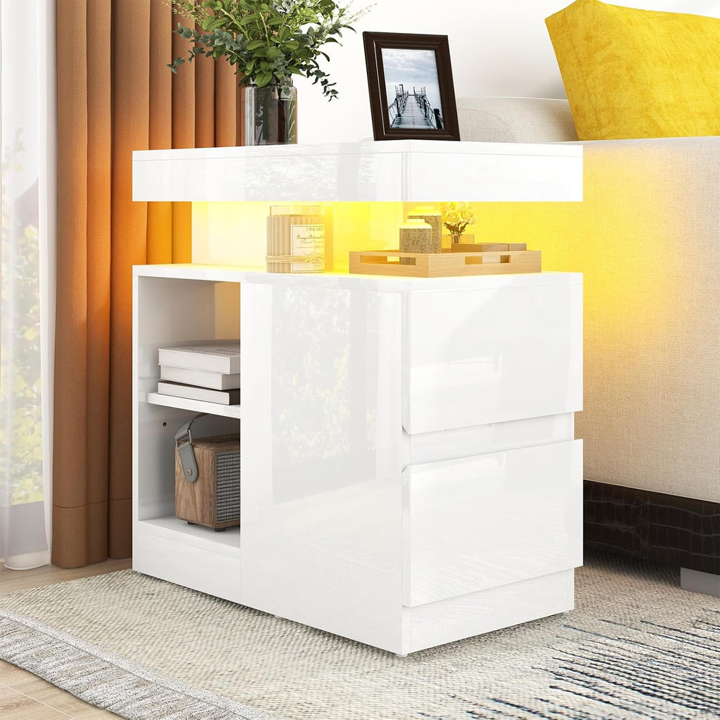 Verano Garden LED High Gloss End Table with Charging Station, Sofa Side Table with Drawer and Adjustable Shelf, Wood Bedside Table Nightstand with LED Light, Modern Side Table for Living Room, Bedroom